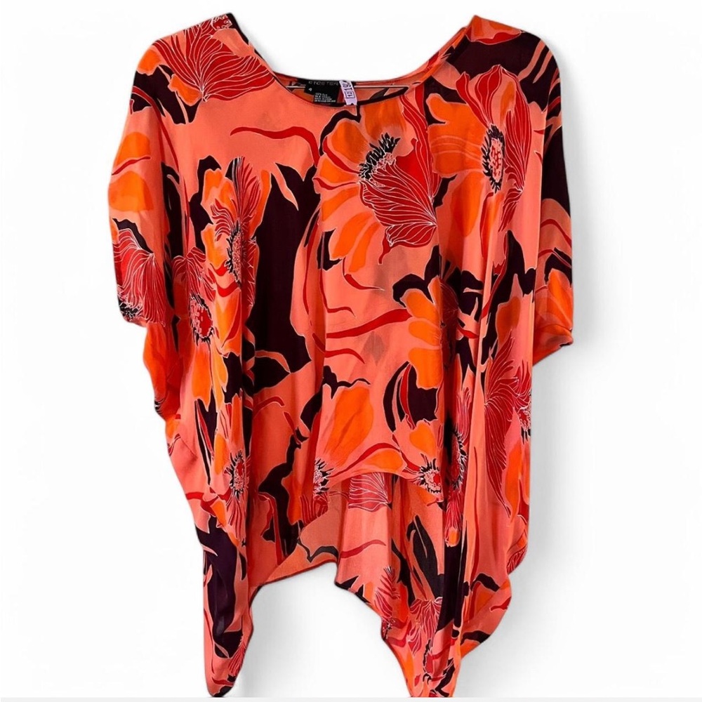 Etcetera 100% Silk Orange Black Floral Print Cape Flowy Blouse Small 4 Boho